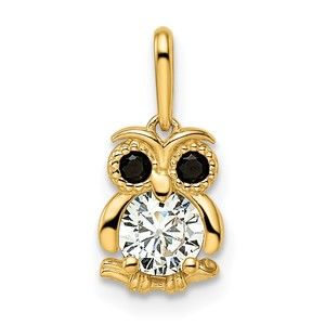 14k Yellow Gold Genuine Children's  Black & White CZ Owl Necklace Charm Pendant